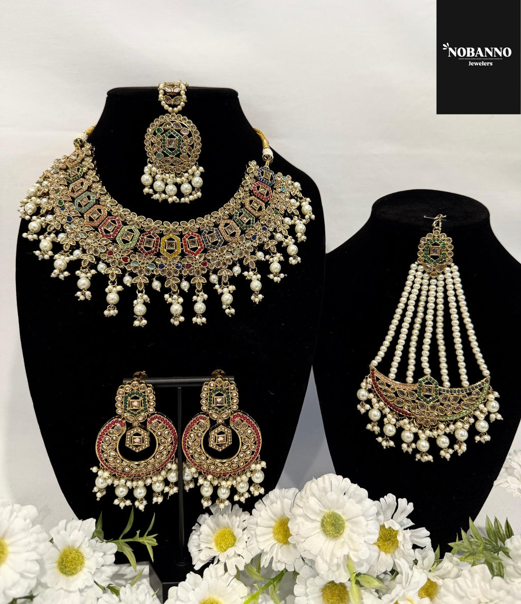 Pristine Handcrafted Kundan Bridal set/Indian Semi Bridal Jewelry Set/ High Quality Kundan Polki 5 Piece Set