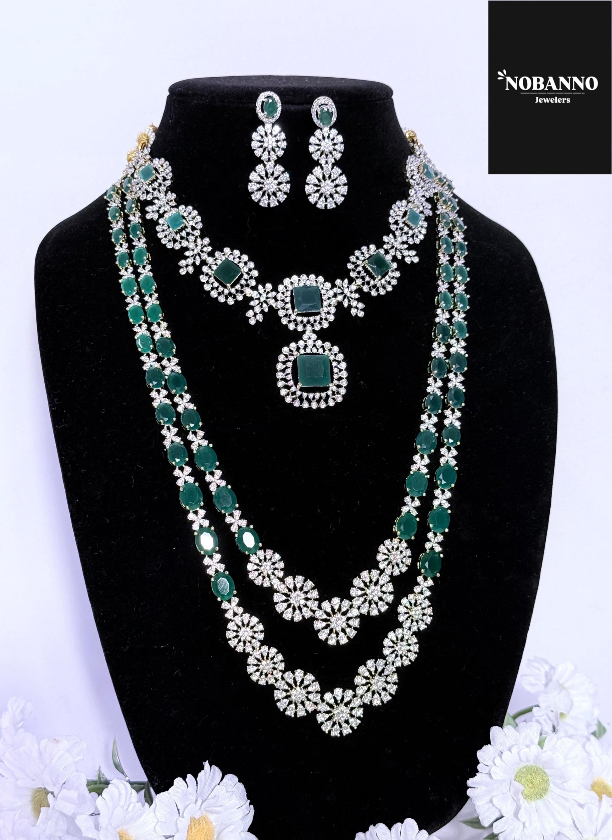 Pristine Handcrafted  American diamond set/Green CZ diamond Layered bridal necklace/Cz jewelry/Indian Full Bridal Jewelry Set