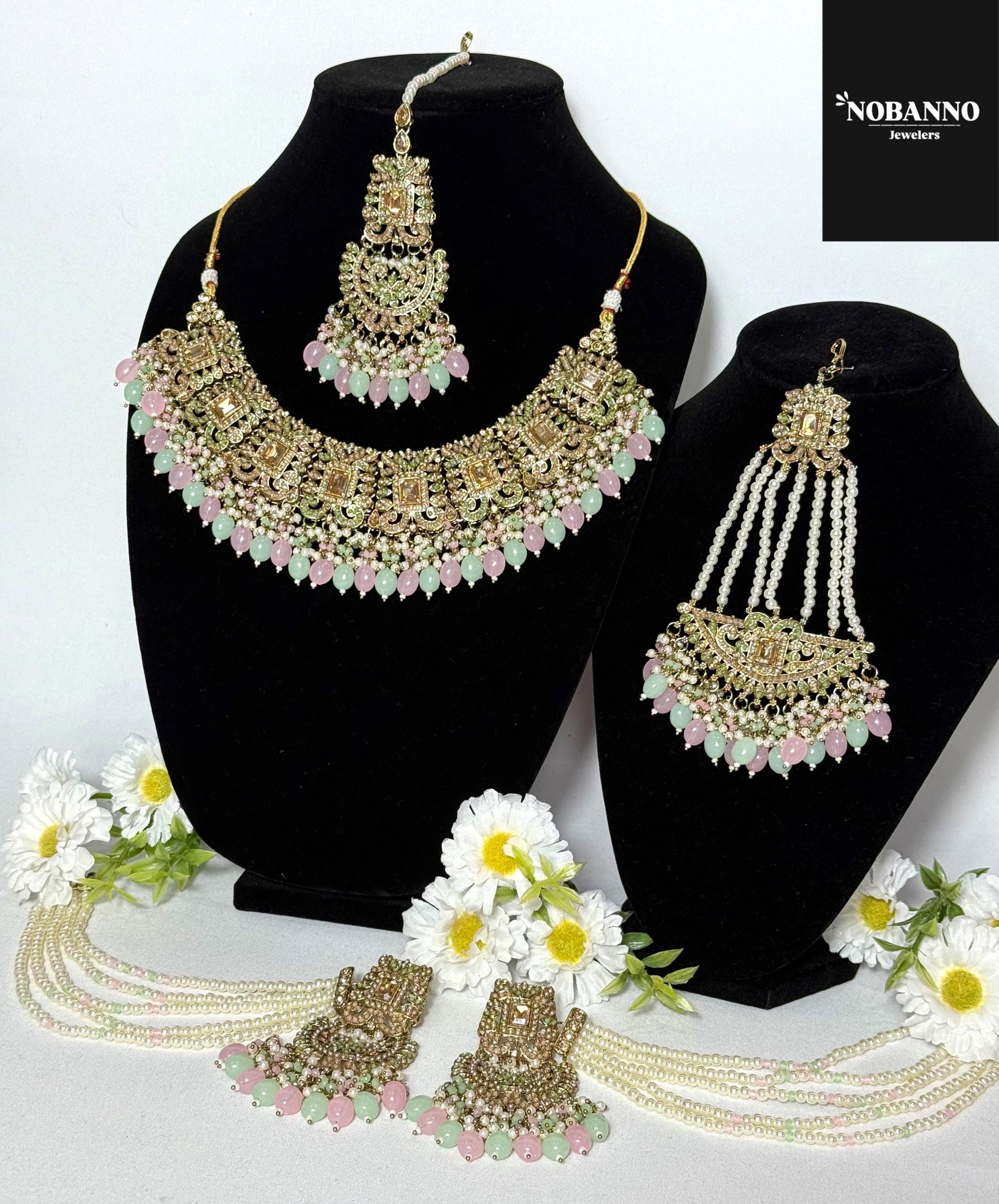 Pristine Handcrafted  pakistani Polki semi Bridal set/Indian Semi Bridal Jewelry Set/ High Quality Polki 5 Piece Set.