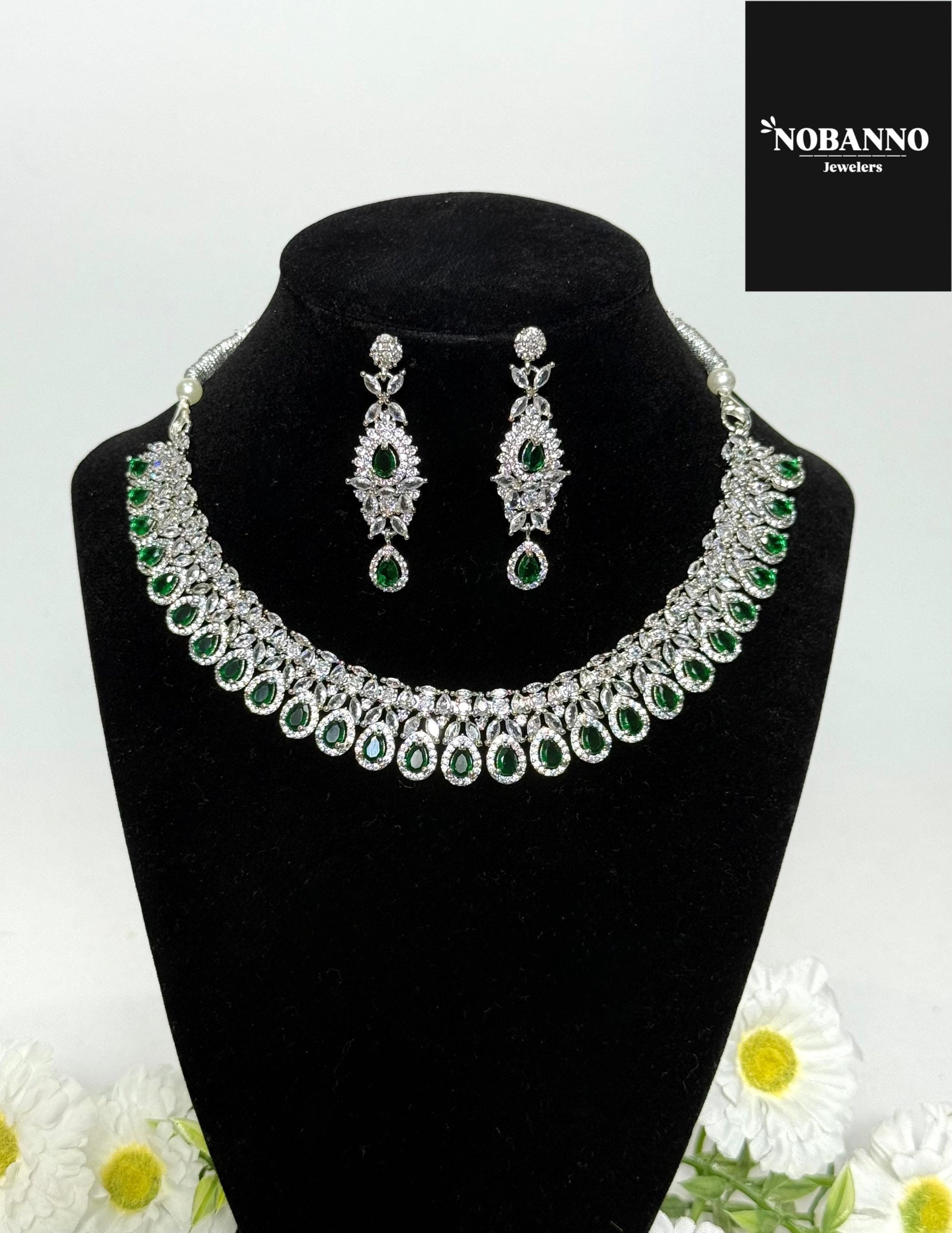 Pristine Handcrafted  American diamond set/white and green CZ diamond necklace set /Cz jewelry/Indian Jewelry Set