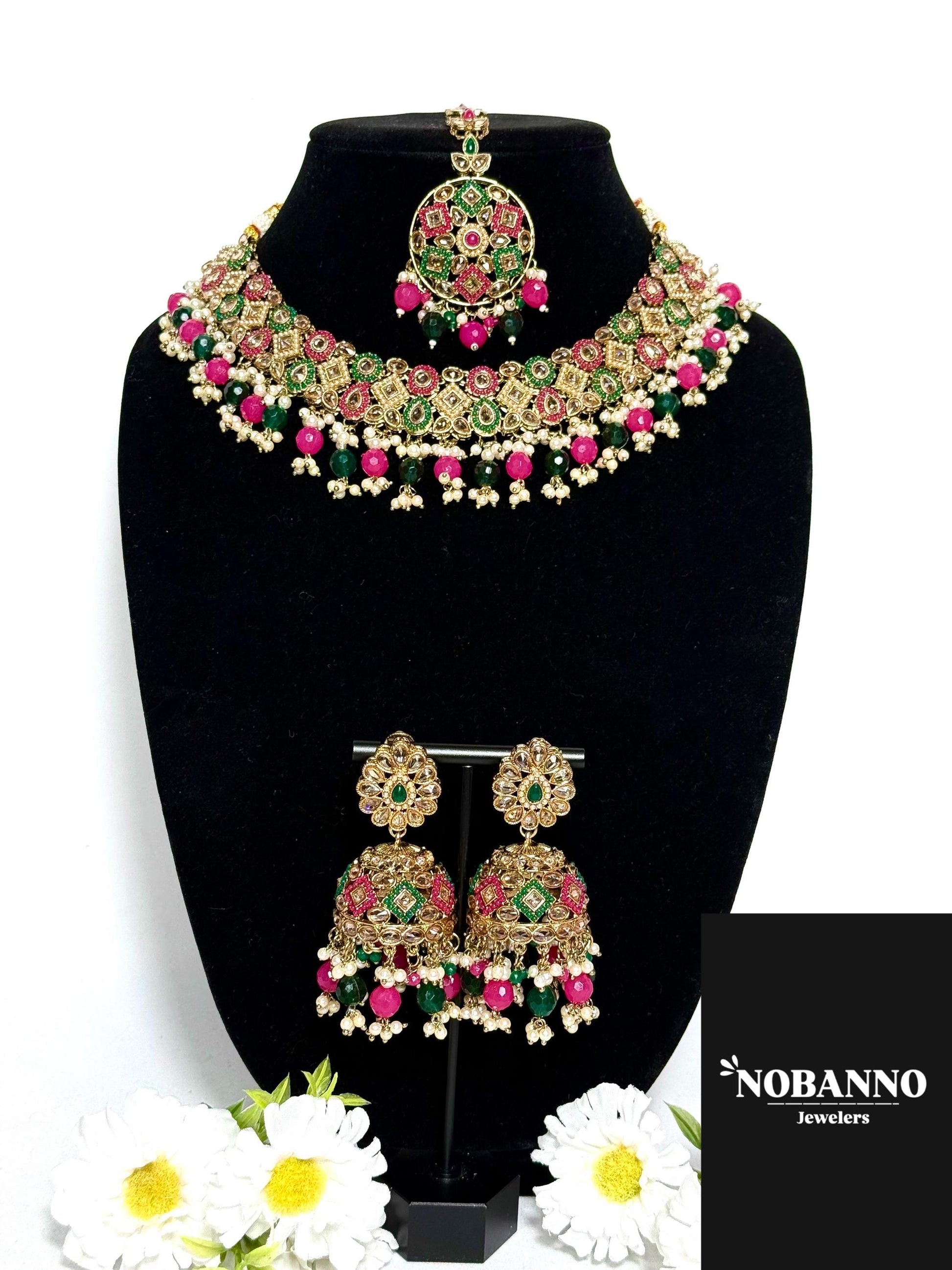 Handcrafted Kundan Polki Jewelry Set: Necklace, Earrings, Maang Tikka
