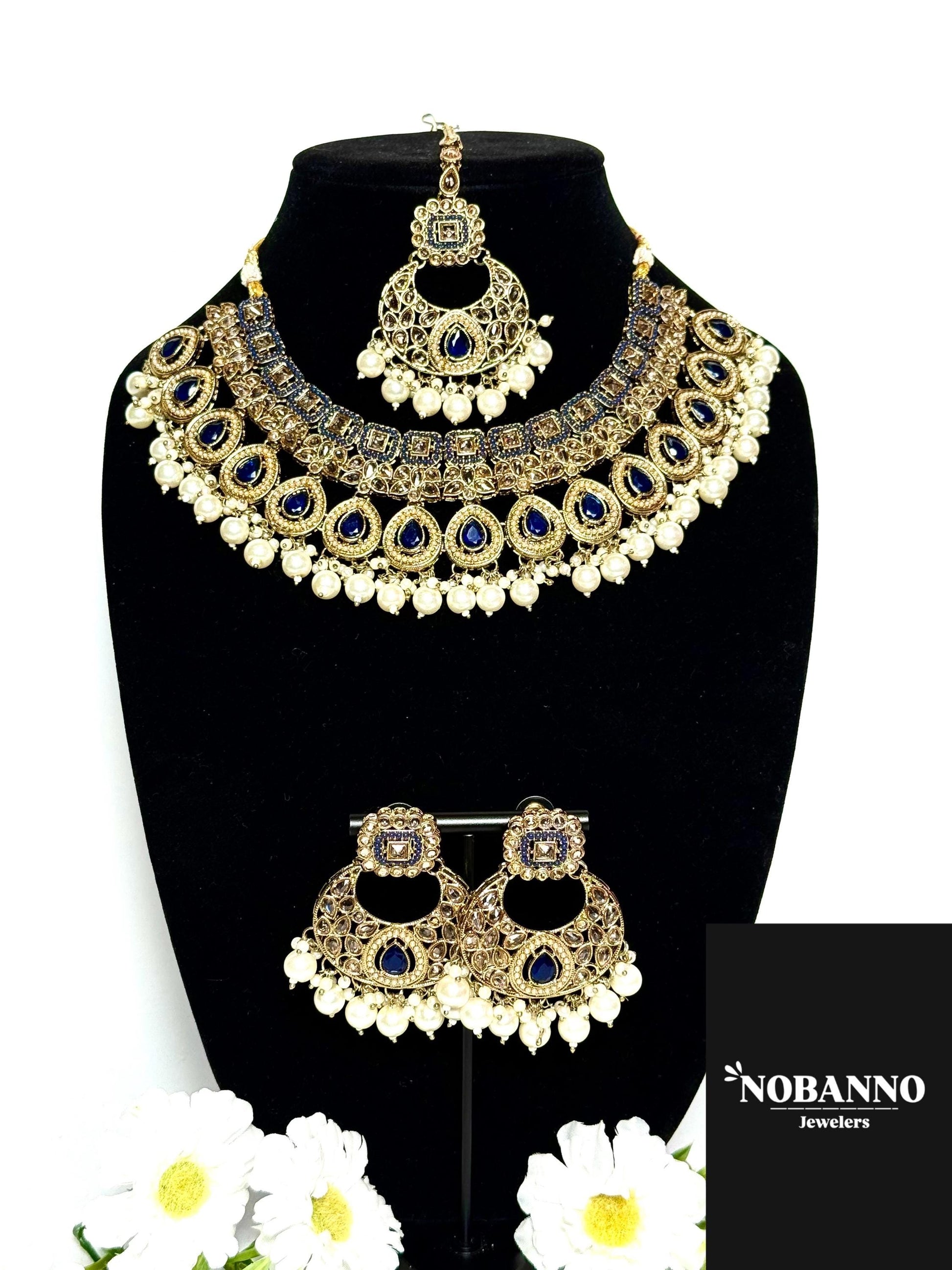 Handcrafted Polki Kundan Jewelry Set: Indian Jewelery with Necklace, Earrings and Maang Tikka