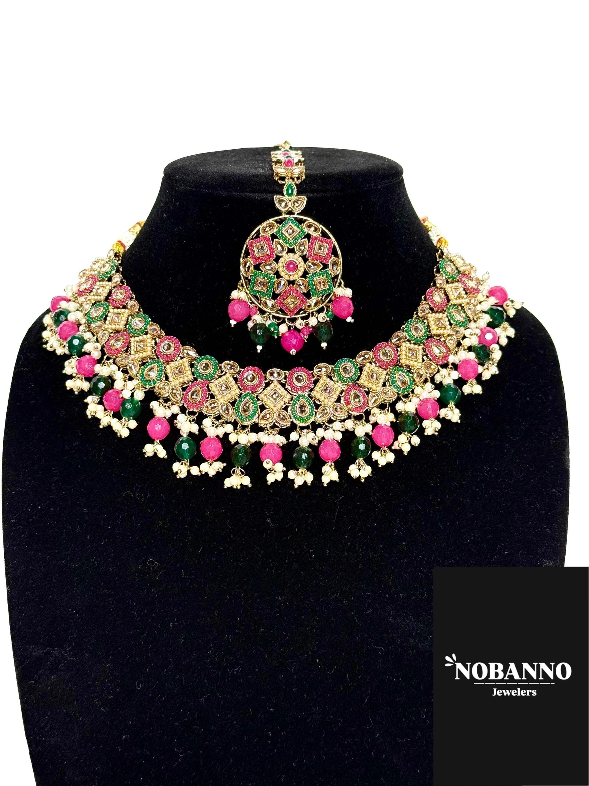Handcrafted Kundan Polki Jewelry Set: Necklace, Earrings, Maang Tikka