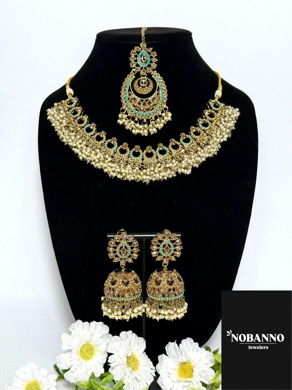 Handcrafted Polki Kundan Jewelry Set: Indian Jewelery with Necklace, Earrings and Maang Tikka