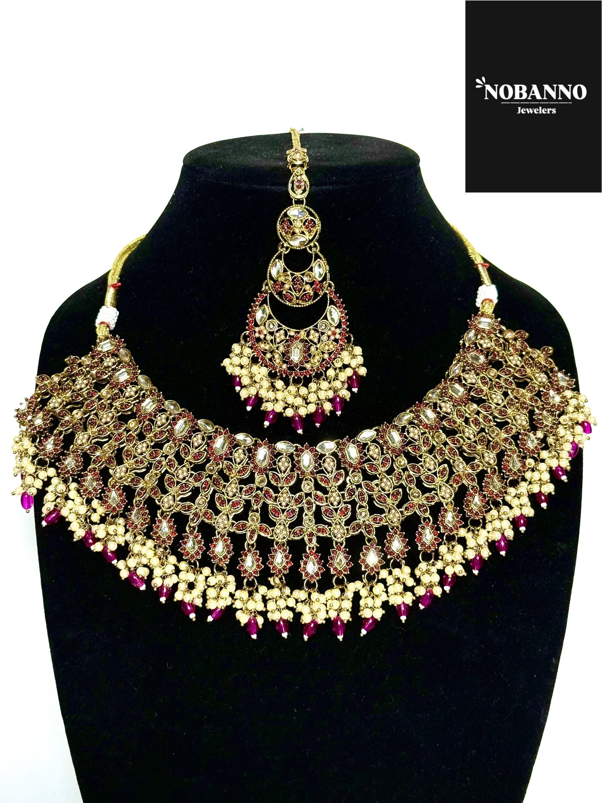 Handcrafted Polki Kundan Jewelry Set: Princess Necklace, Earrings, Maang Tikka