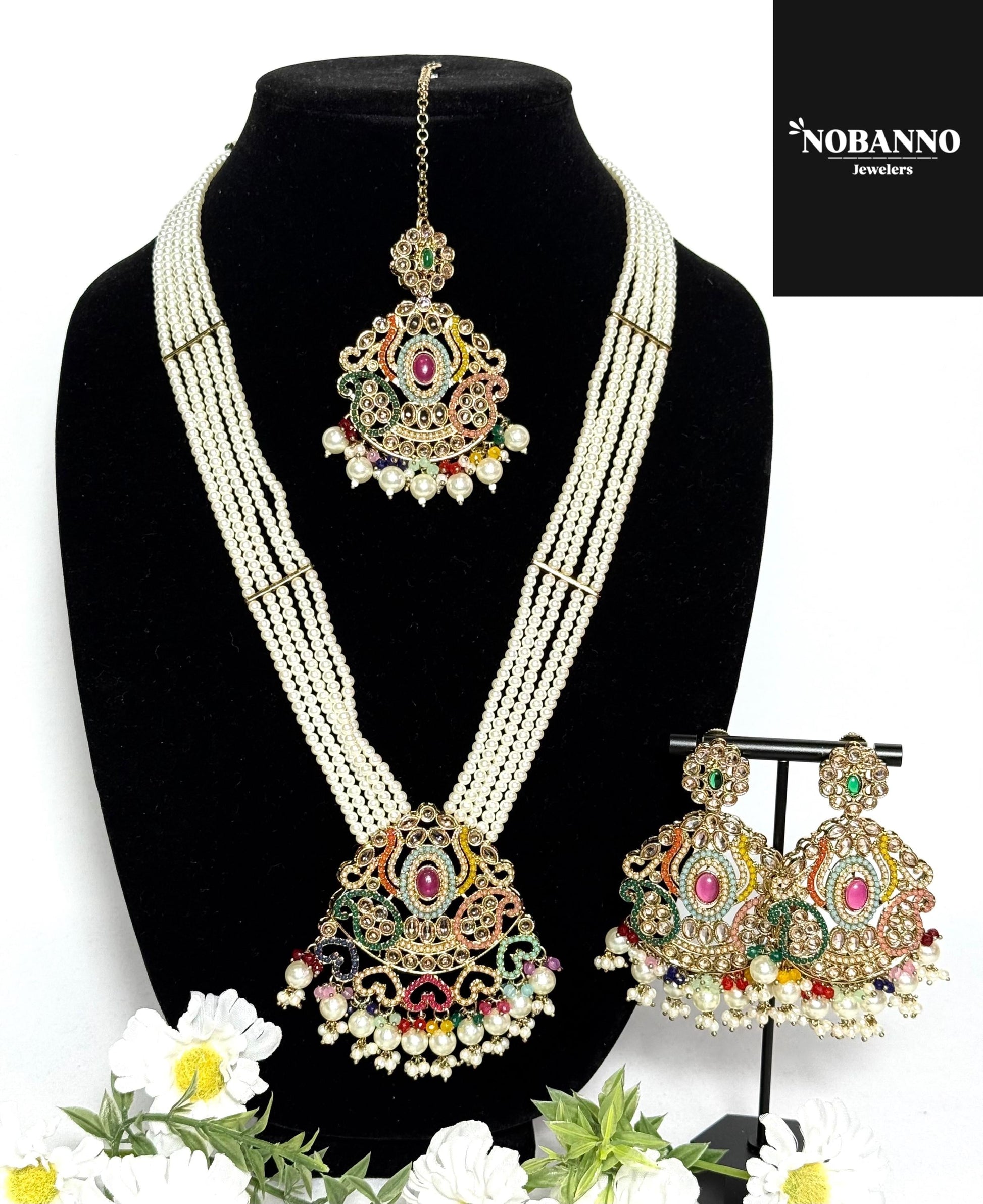 Pristine Handcrafted Polki Kundan long necklace  set/Indian Jewelry Set/ High Quality Kundan 4 Piece Set.