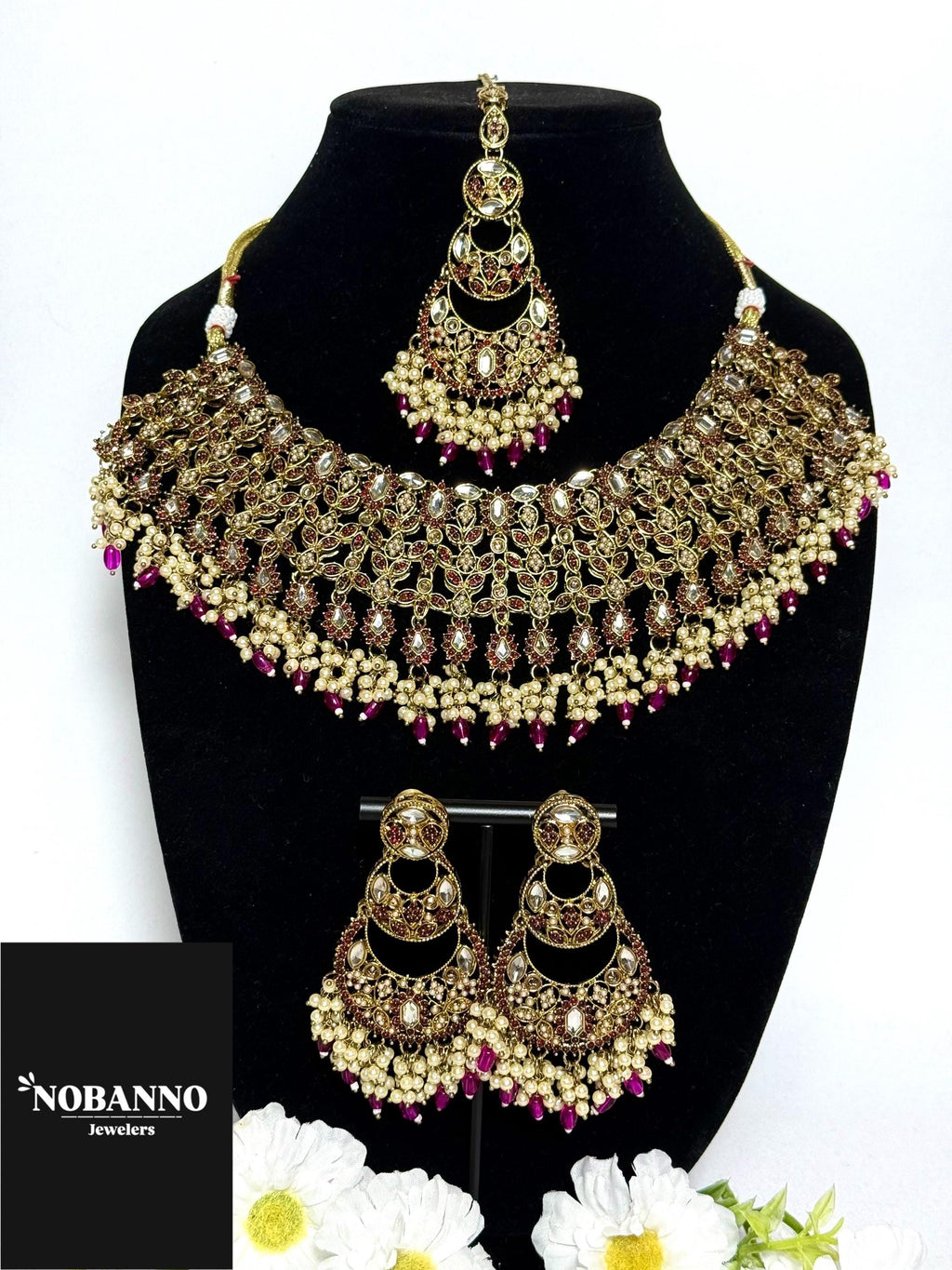 Handcrafted Polki Kundan Jewelry Set: Princess Necklace, Earrings, Maang Tikka