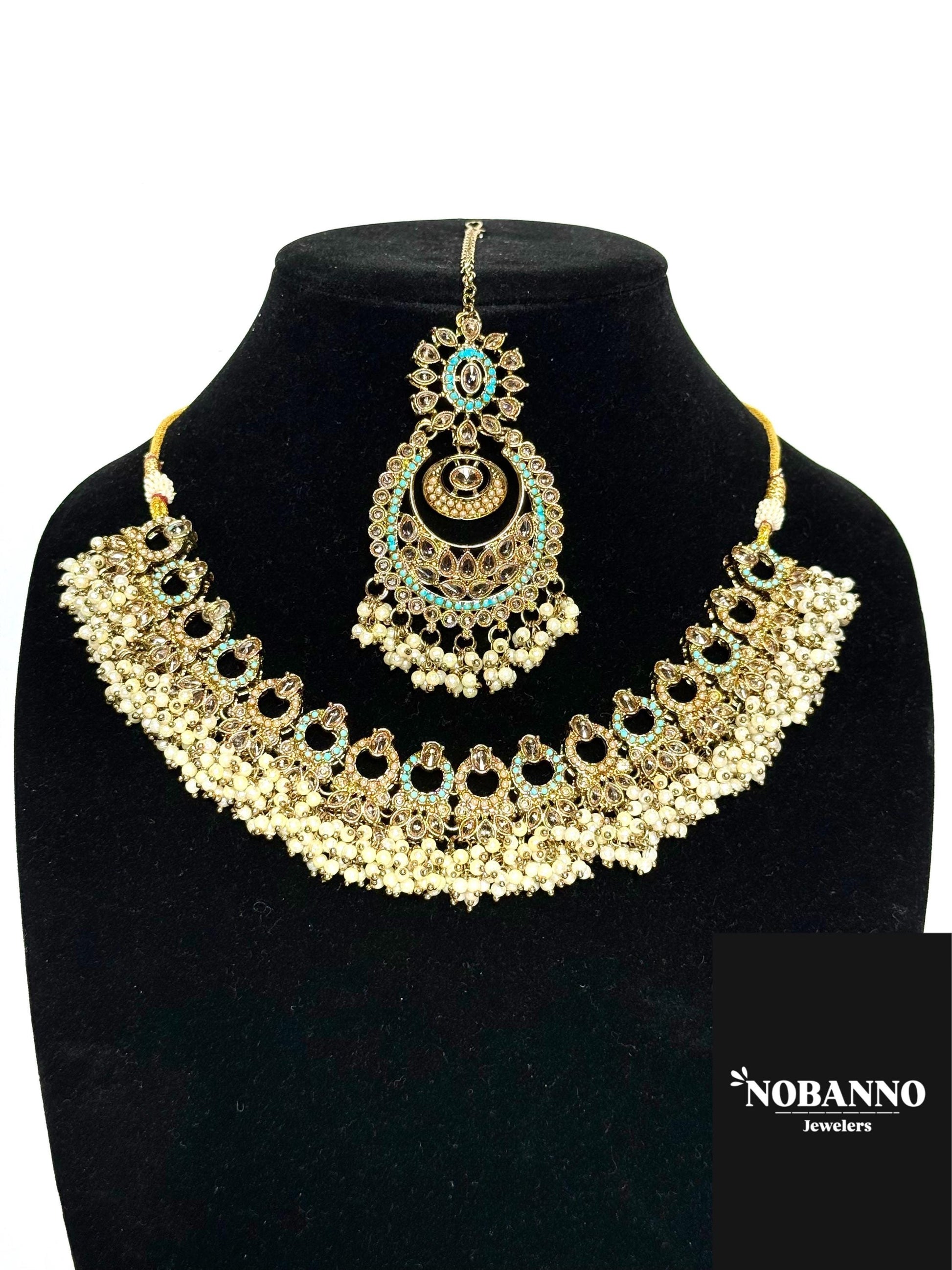 Handcrafted Polki Kundan Jewelry Set: Indian Jewelery with Necklace, Earrings and Maang Tikka