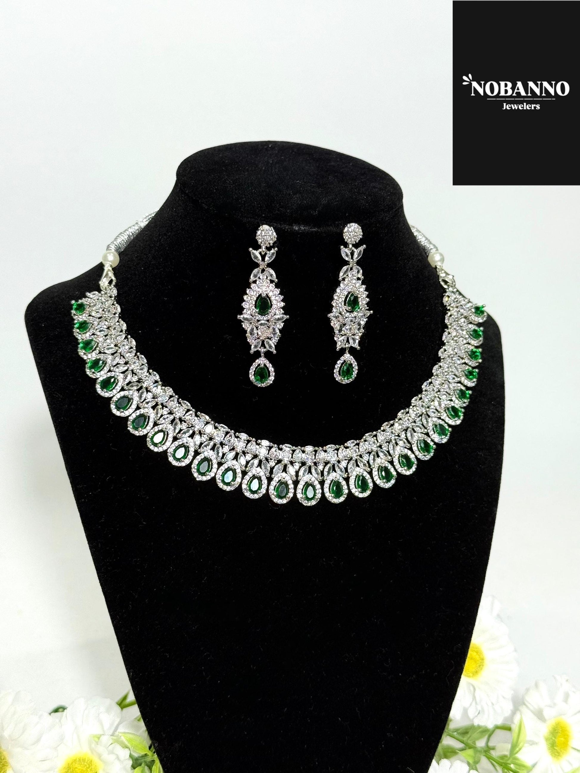 Pristine Handcrafted  American diamond set/white and green CZ diamond necklace set /Cz jewelry/Indian Jewelry Set