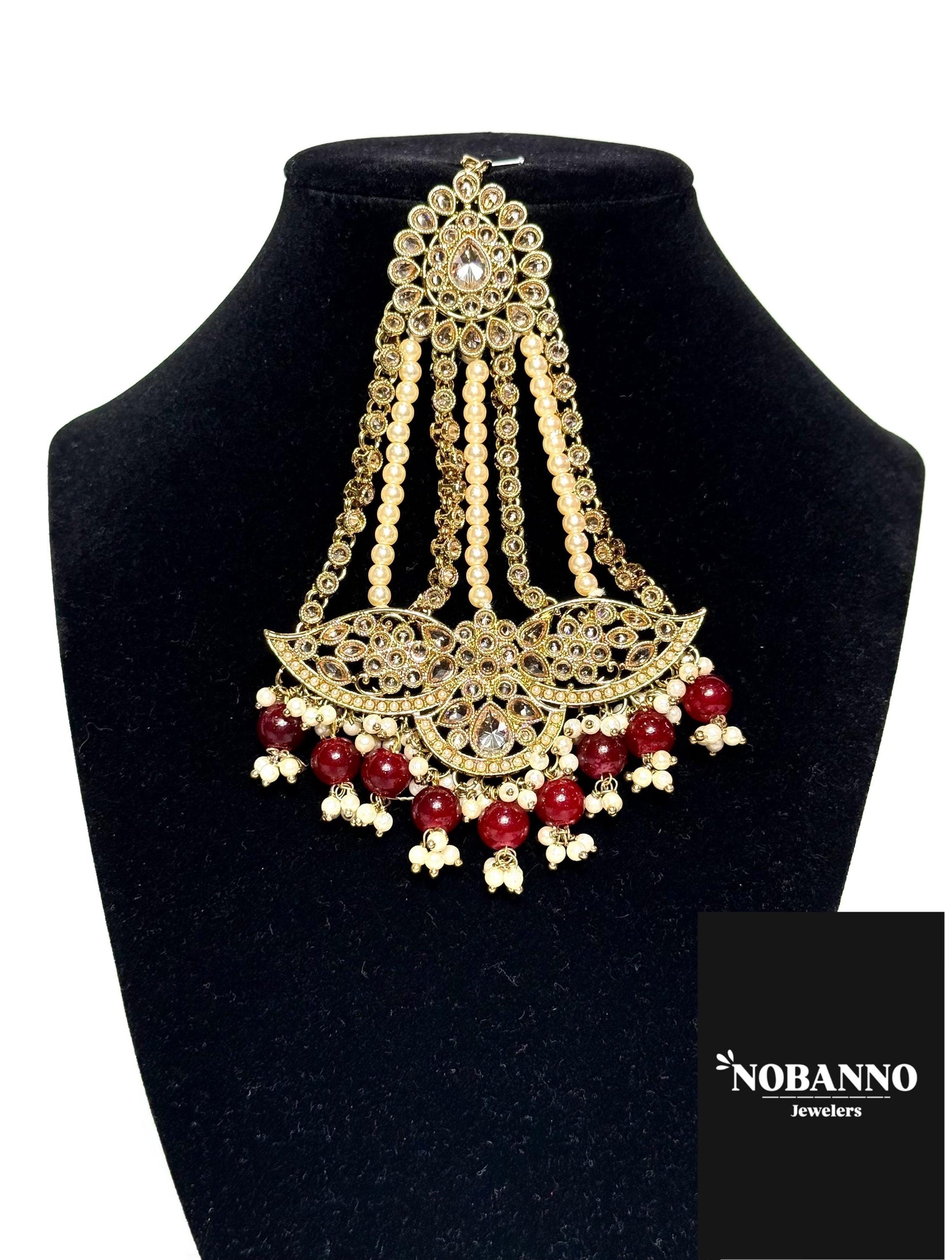Handcrafted Kundan Semi Bridal Jewelry Set with Necklace, Earrings, Maang Tikka and side pasha