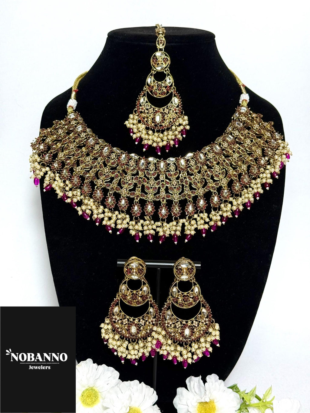Handcrafted Polki Kundan Jewelry Set: Princess Necklace, Earrings, Maang Tikka