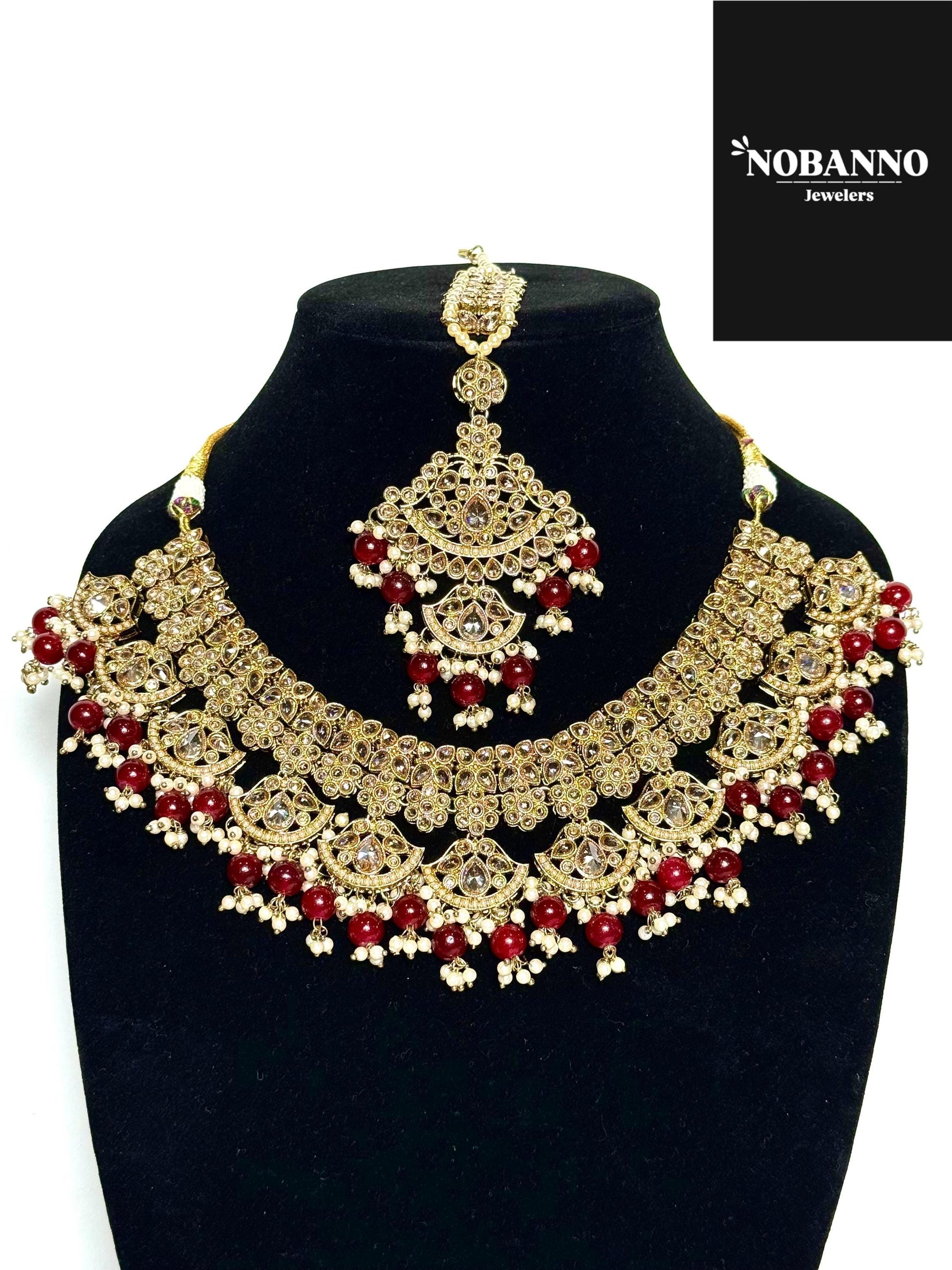 Handcrafted Kundan Semi Bridal Jewelry Set with Necklace, Earrings, Maang Tikka and side pasha