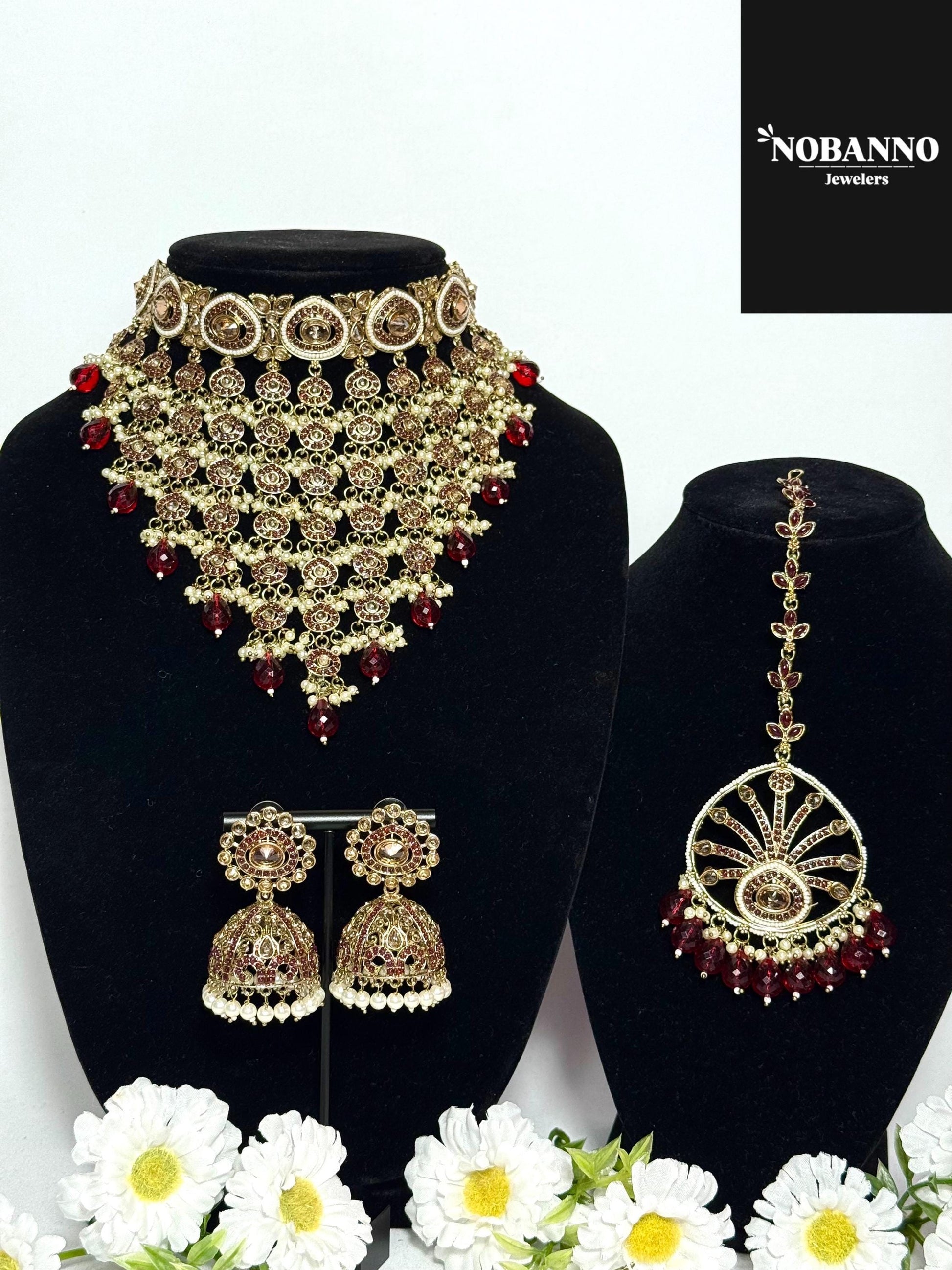Handcrafted Polki Kundan Jewelry Set: Indian Jewelery with Necklace, Earrings and Maang Tikka